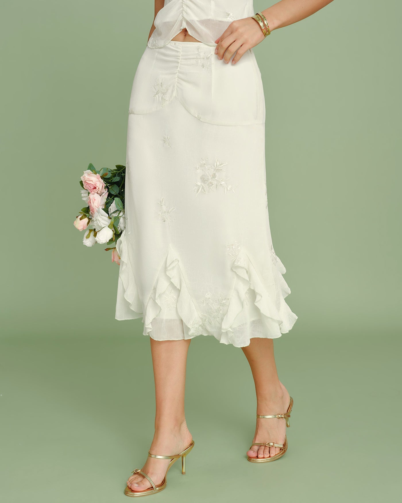 Apricot Embroidery Ruffle Midi Skirt | Rihoas