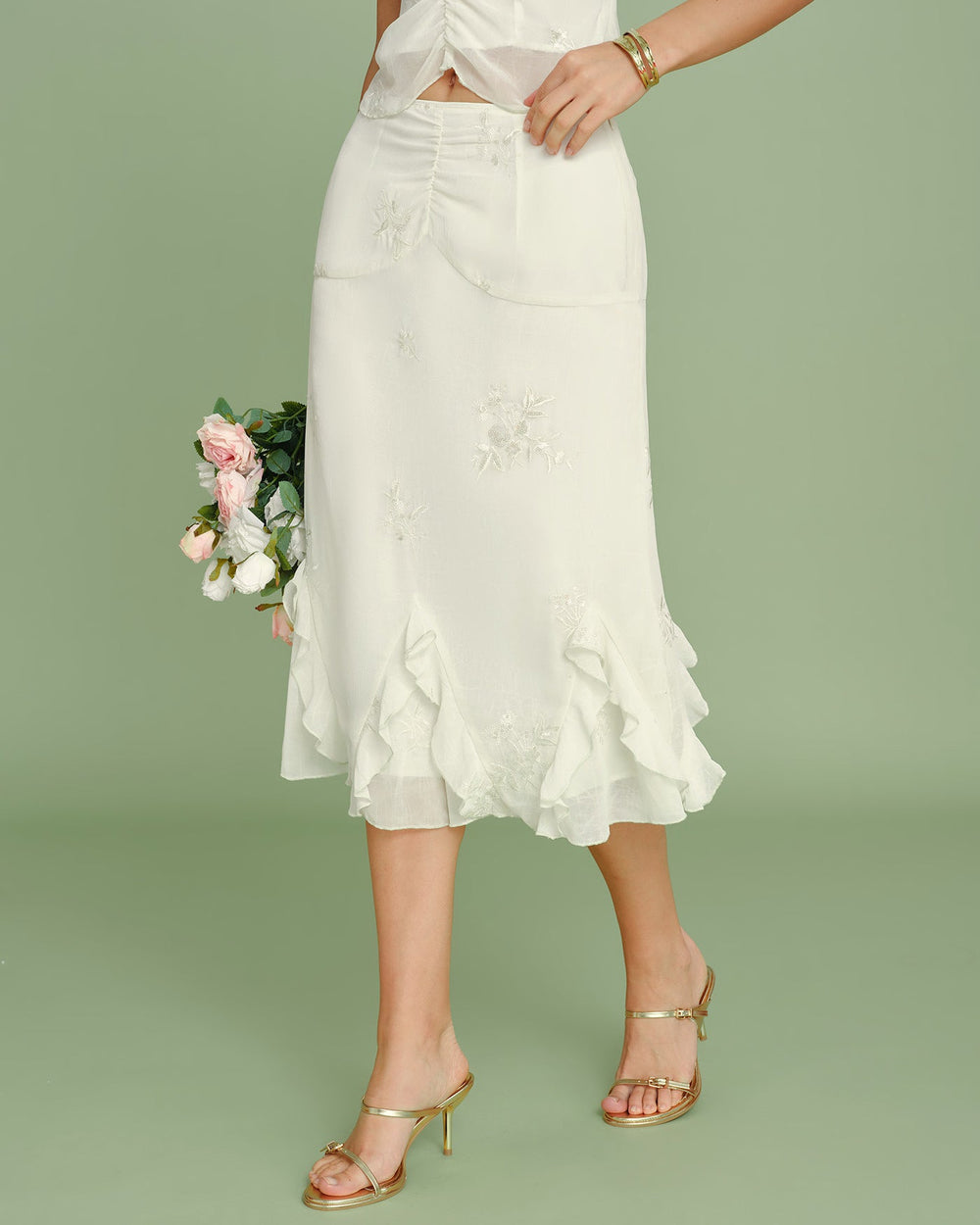 Apricot Embroidery Ruffle Midi Skirt | Rihoas