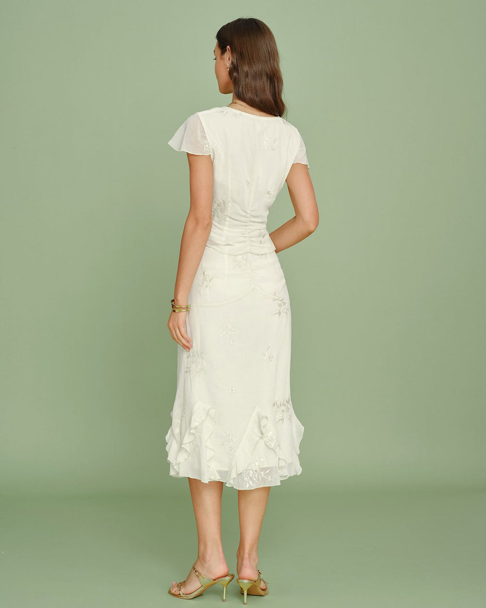 Apricot Embroidery Ruffle Midi Skirt | Rihoas