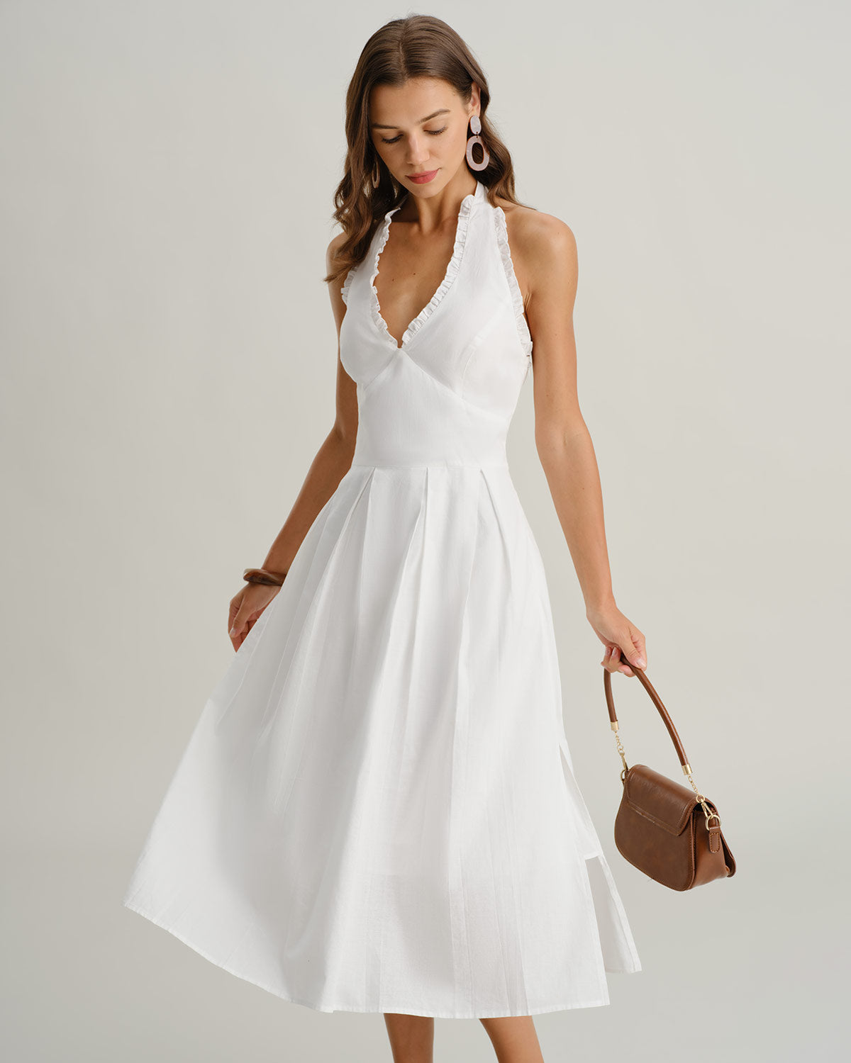 White V Neck Halter Sleeveless Midi Dress | Rihoas