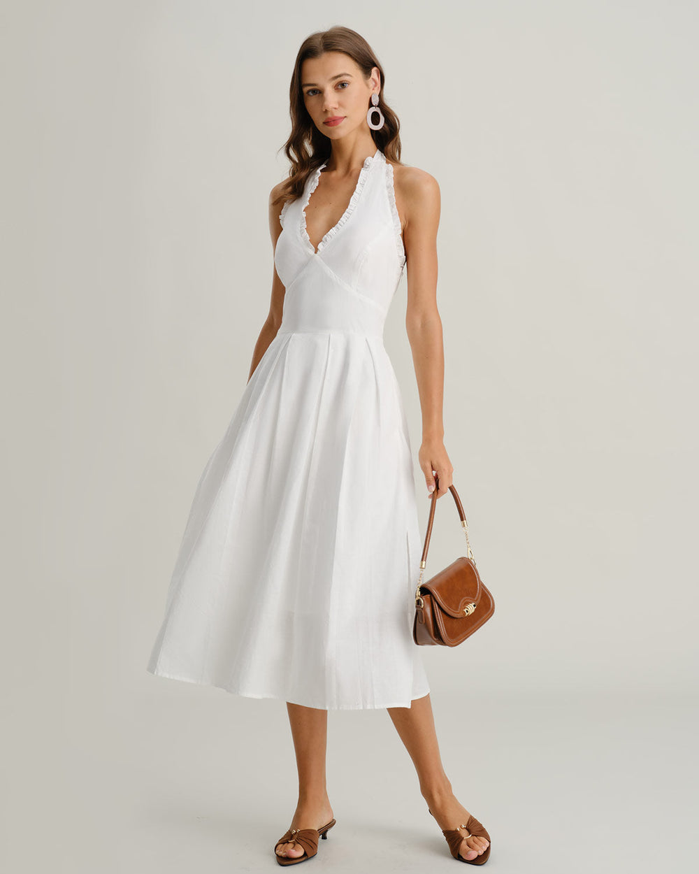 White V Neck Halter Sleeveless Midi Dress | Rihoas