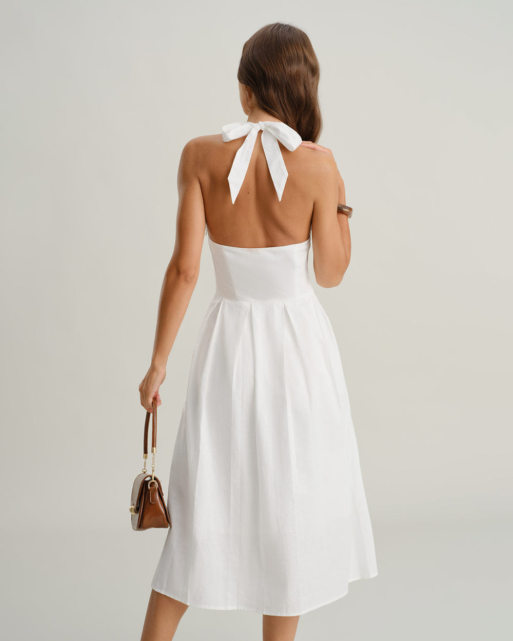 White V Neck Halter Sleeveless Midi Dress | Rihoas