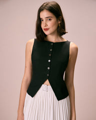 The Black Boat Neck Button Tank Top | Rihoas