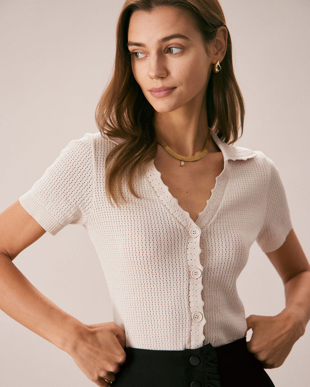 The Nude V Neck Button Pointelle Knit Tee | Rihoas