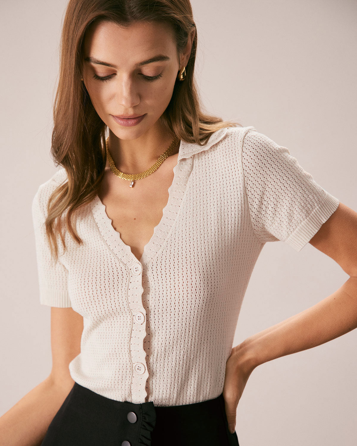 The Nude V Neck Button Pointelle Knit Tee | Rihoas
