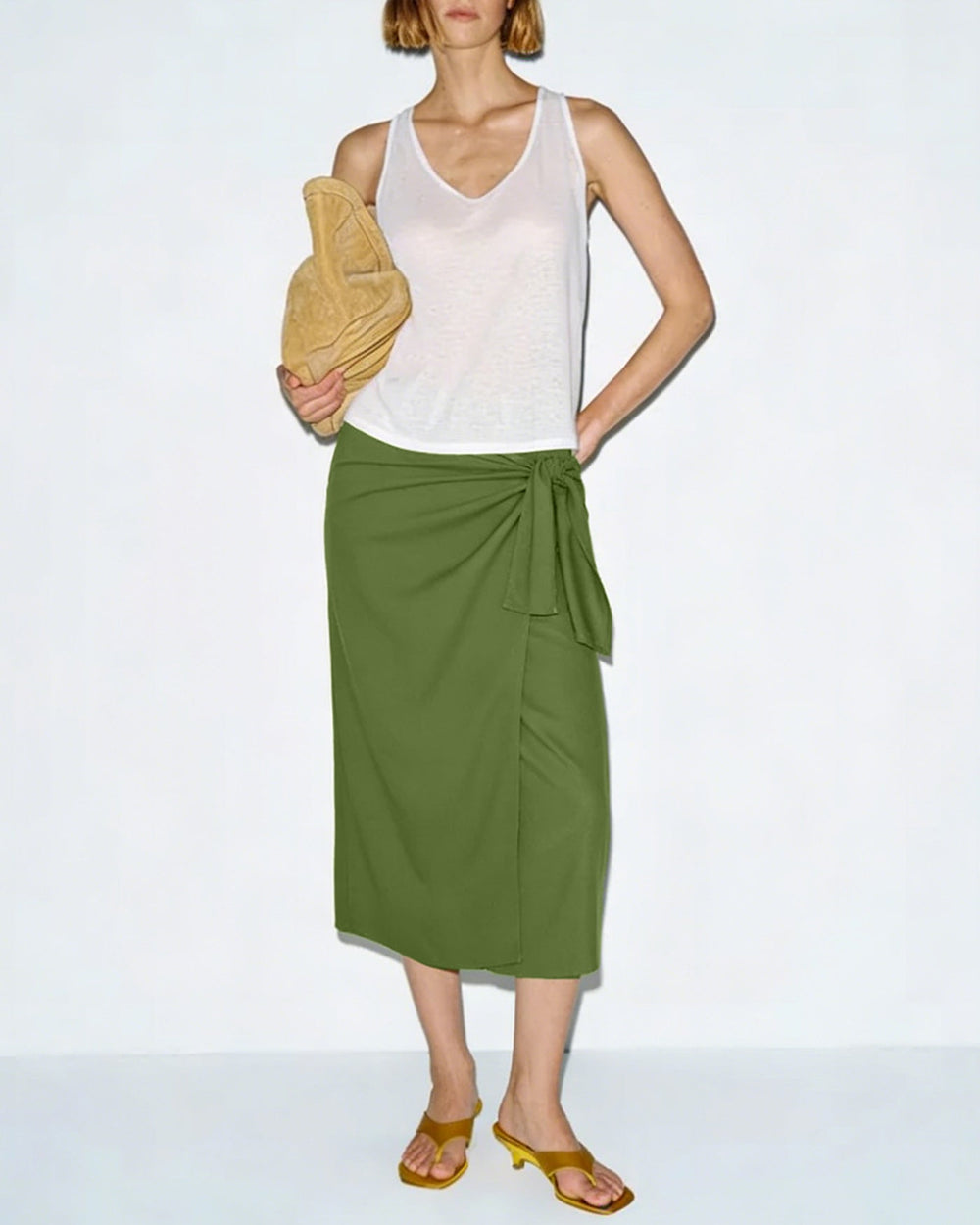 Green Solid Tie Midi Skirt | Rihoas