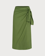 Green Solid Tie Midi Skirt | Rihoas