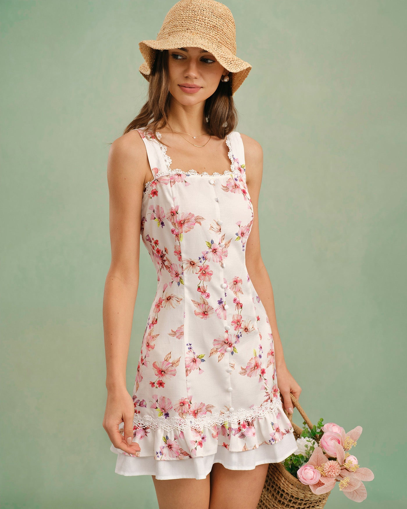 Floral Square Neck Button Mini Dress | Rihoas