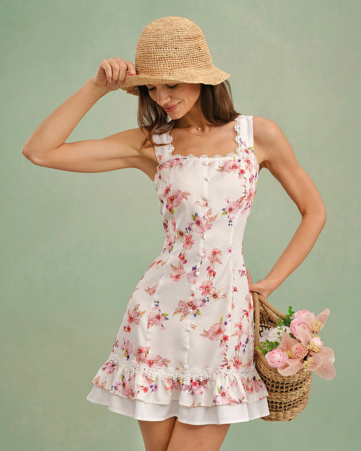 Floral Square Neck Button Mini Dress | Rihoas