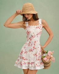 Floral Square Neck Button Mini Dress | Rihoas
