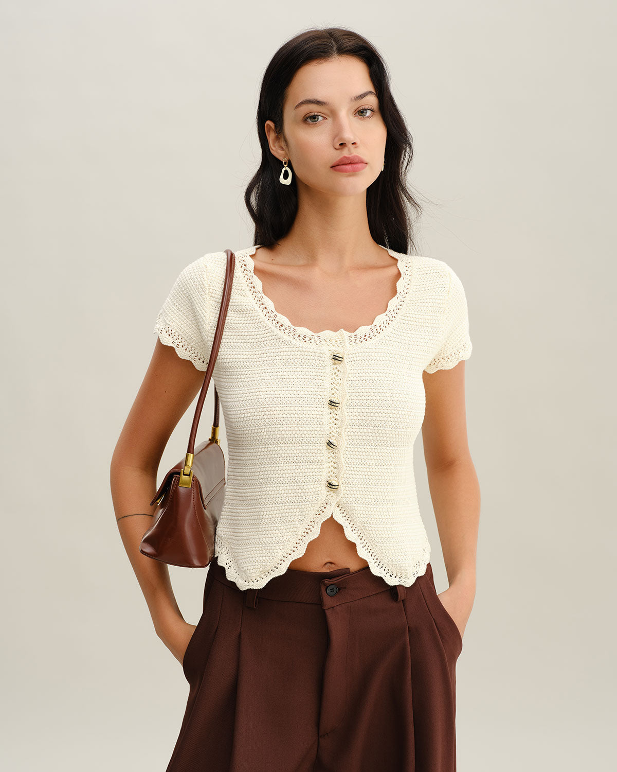 Beige U Neck Textured Cardigan | Rihoas
