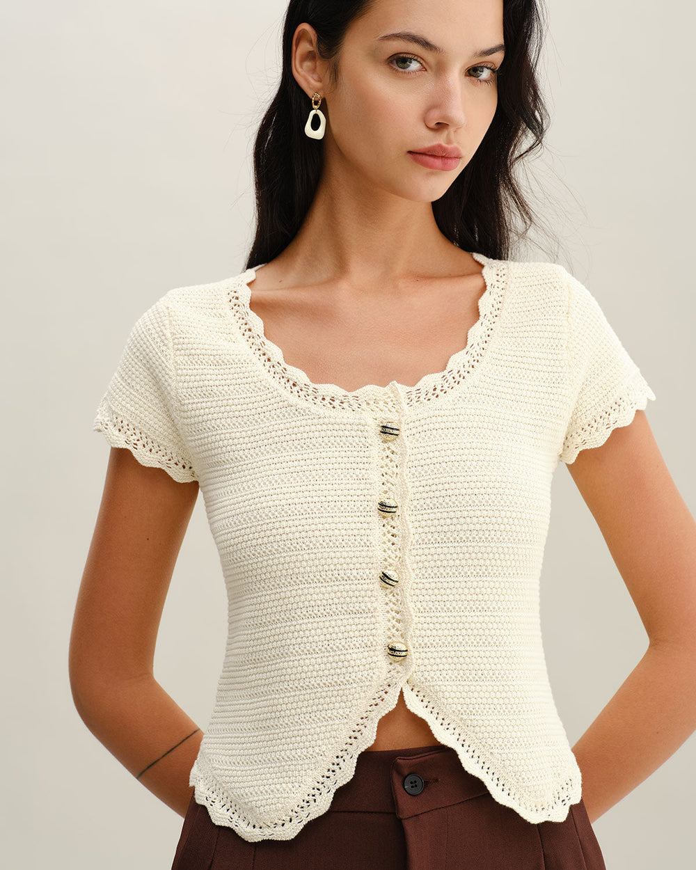 Beige U Neck Textured Cardigan | Rihoas