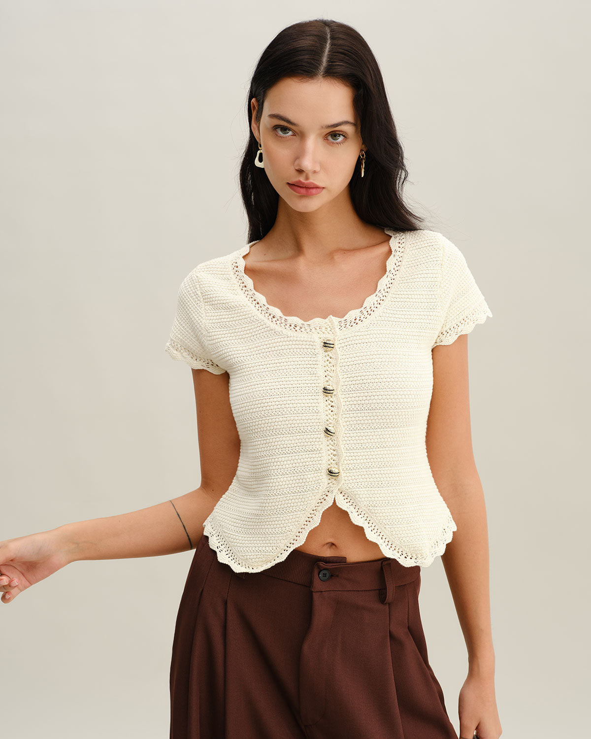 Beige U Neck Textured Cardigan | Rihoas