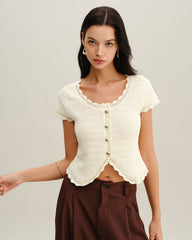 Beige U Neck Textured Cardigan | Rihoas