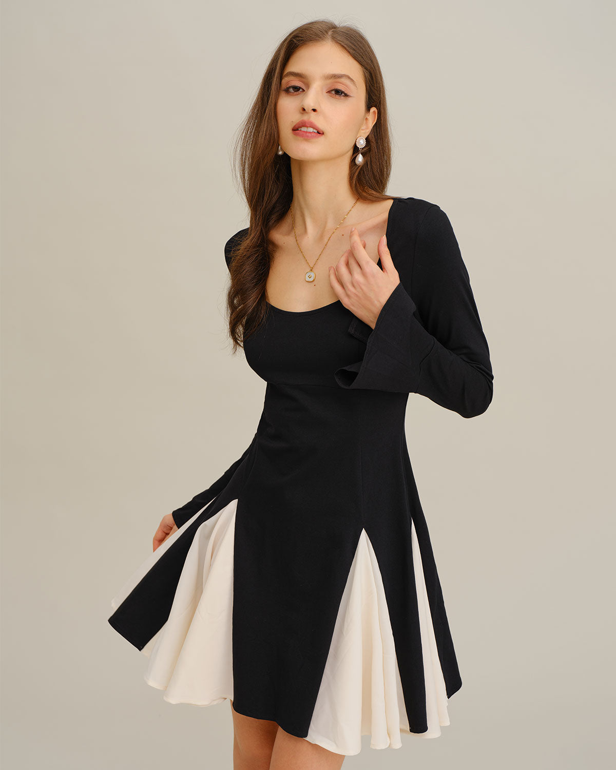 Black Contrasting Bell Sleeve Mini Dress | Rihoas