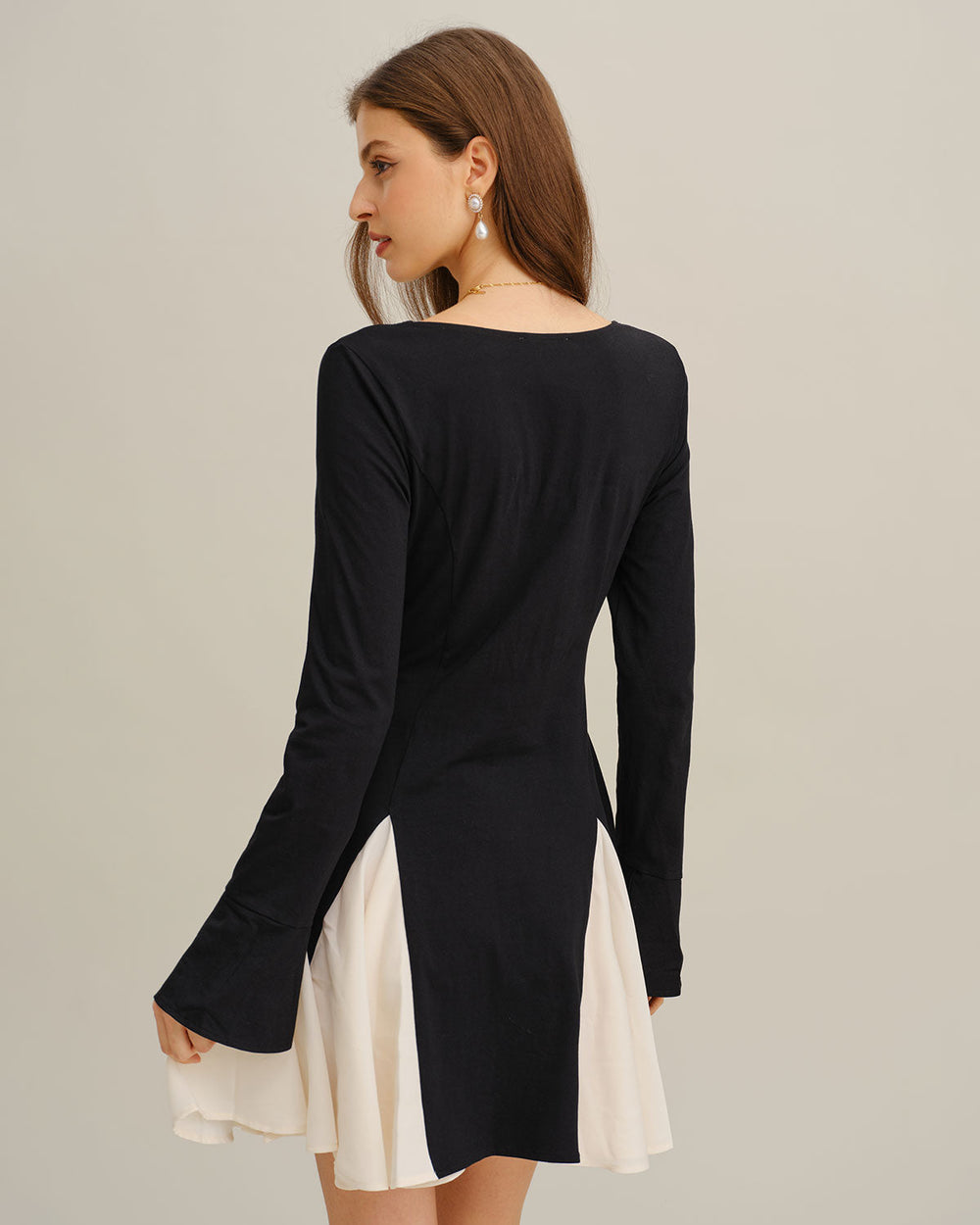 Black Contrasting Bell Sleeve Mini Dress | Rihoas