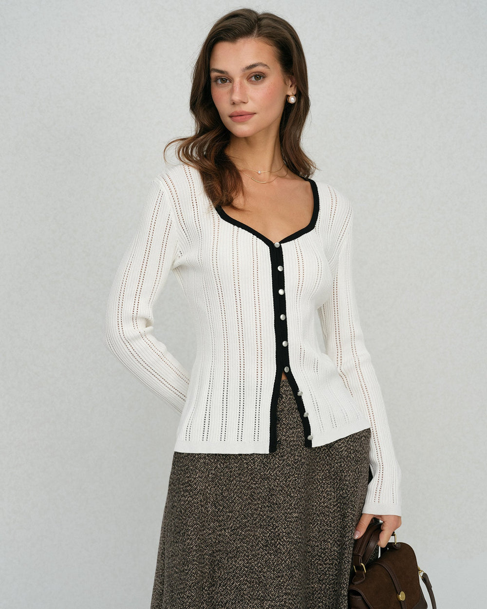 White  Single Breasted Viscose Knit Cardigan | Rihoas