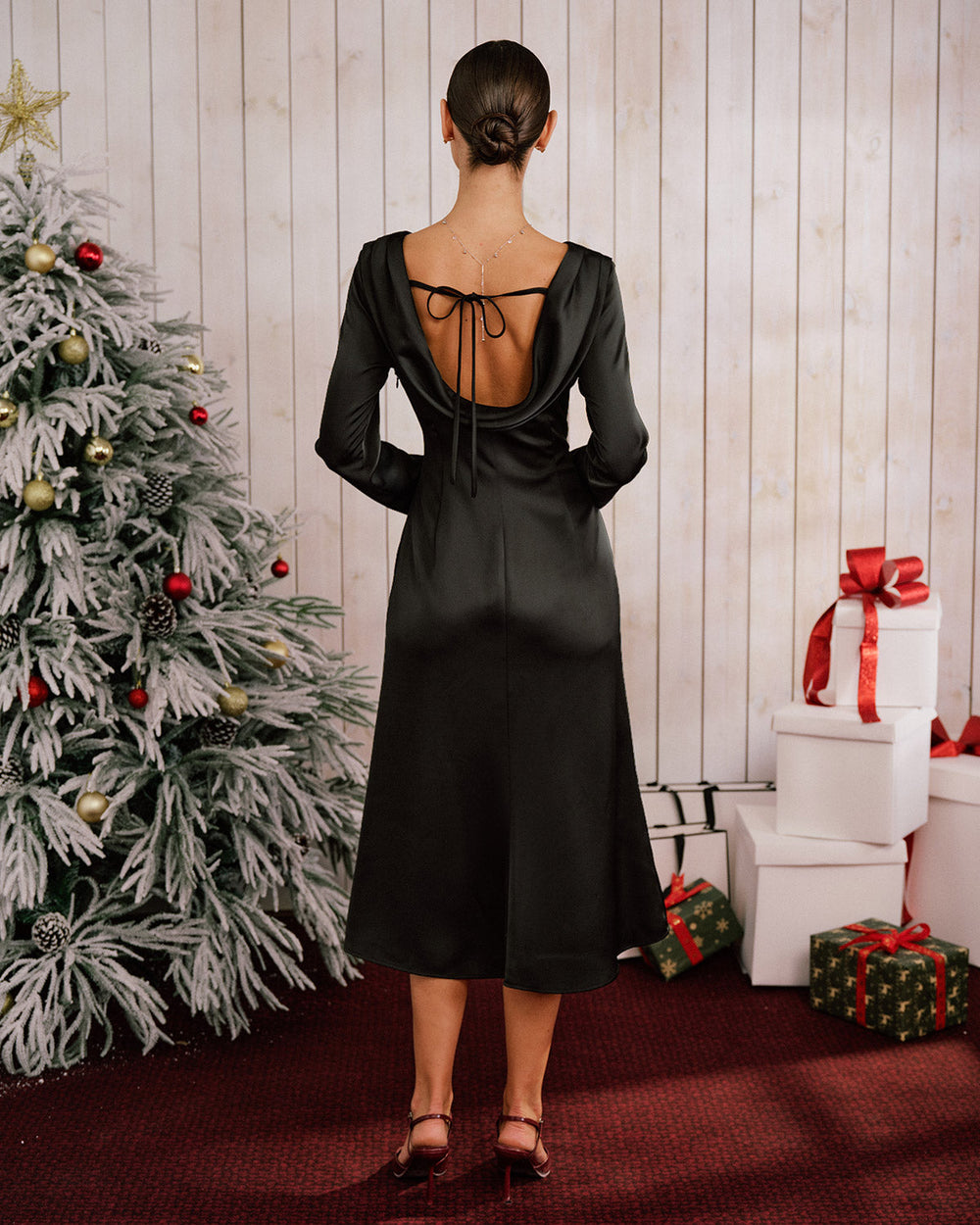 Black Satin Boat Neck Backless Midi Dress | Rihoas