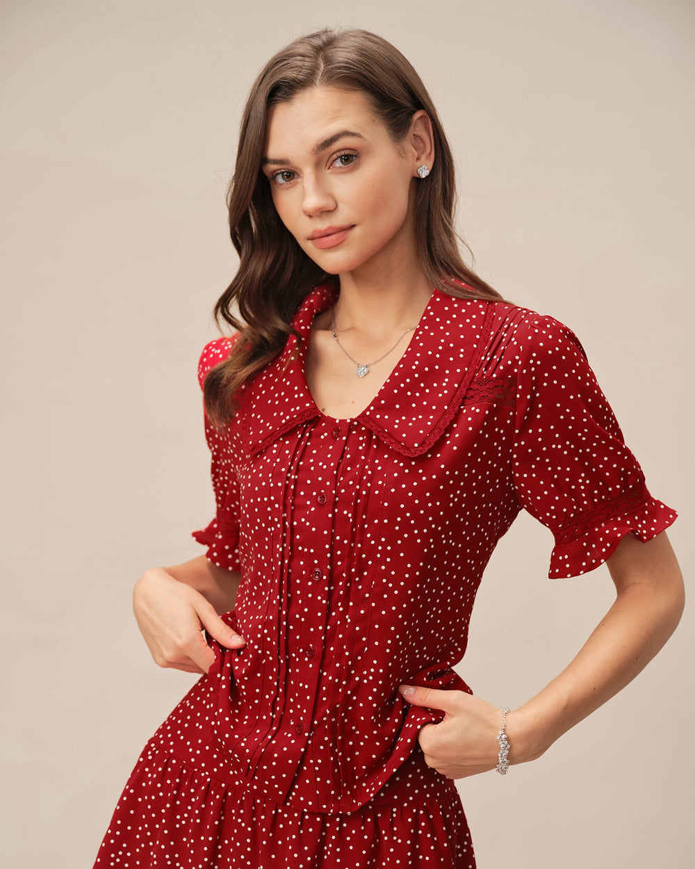 Red Puffed Sleeve Polka Dot Collar Blouse | Rihoas