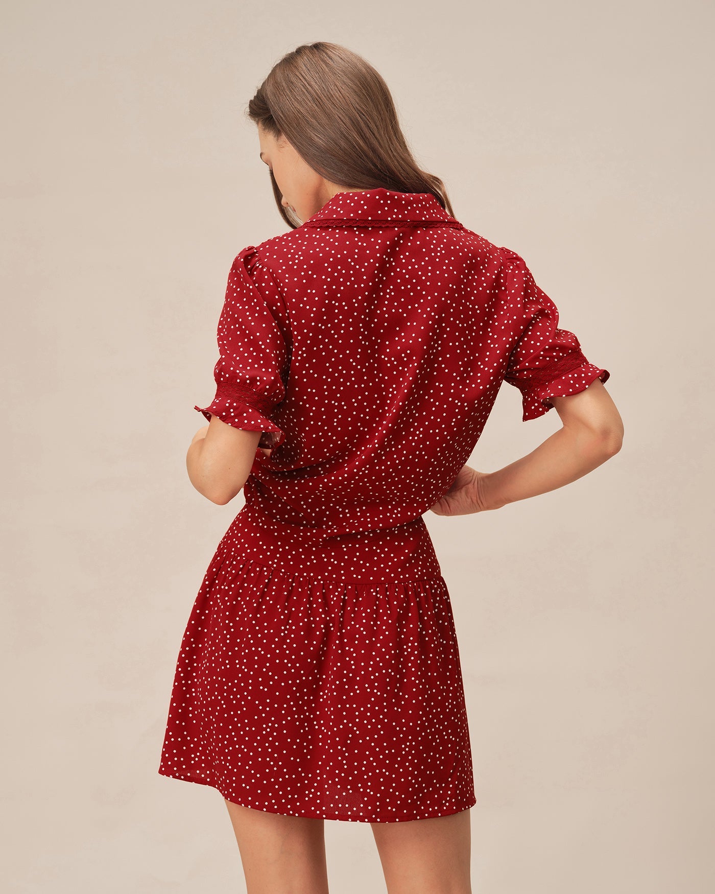 Red Puffed Sleeve Polka Dot Collar Blouse | Rihoas