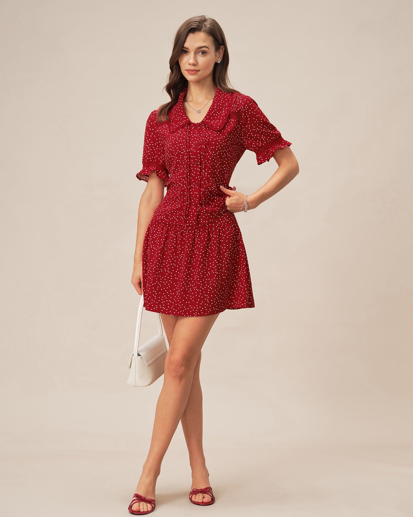 Red Puffed Sleeve Polka Dot Collar Blouse | Rihoas