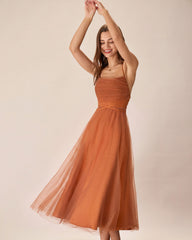 Caramel Mesh Flowy Slip Midi Dress | Rihoas