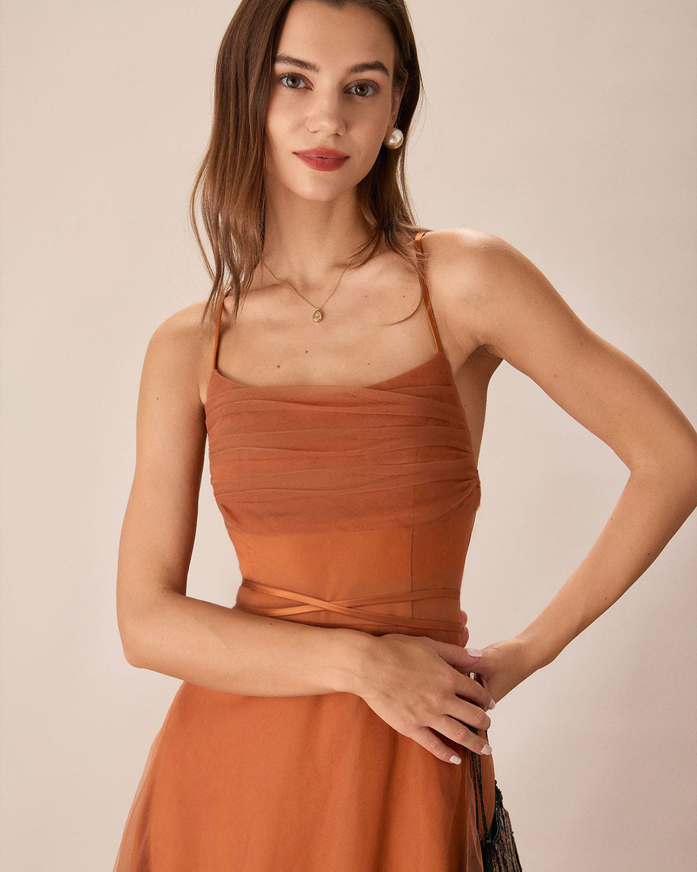 Caramel Mesh Flowy Slip Midi Dress | Rihoas