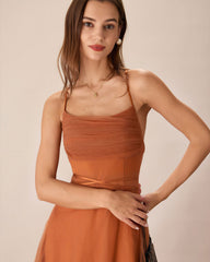 Caramel Mesh Flowy Slip Midi Dress | Rihoas