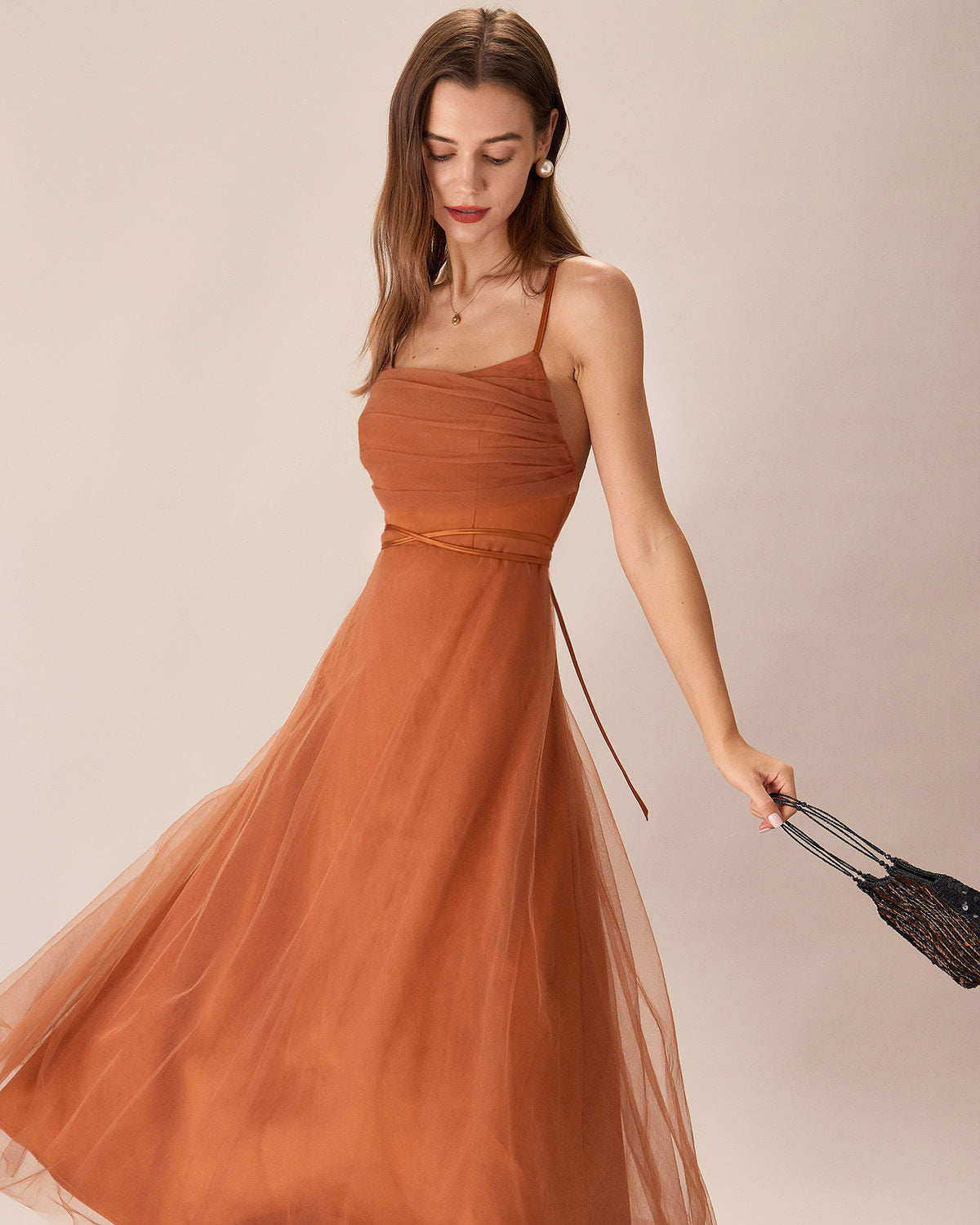 Caramel Mesh Flowy Slip Midi Dress | Rihoas