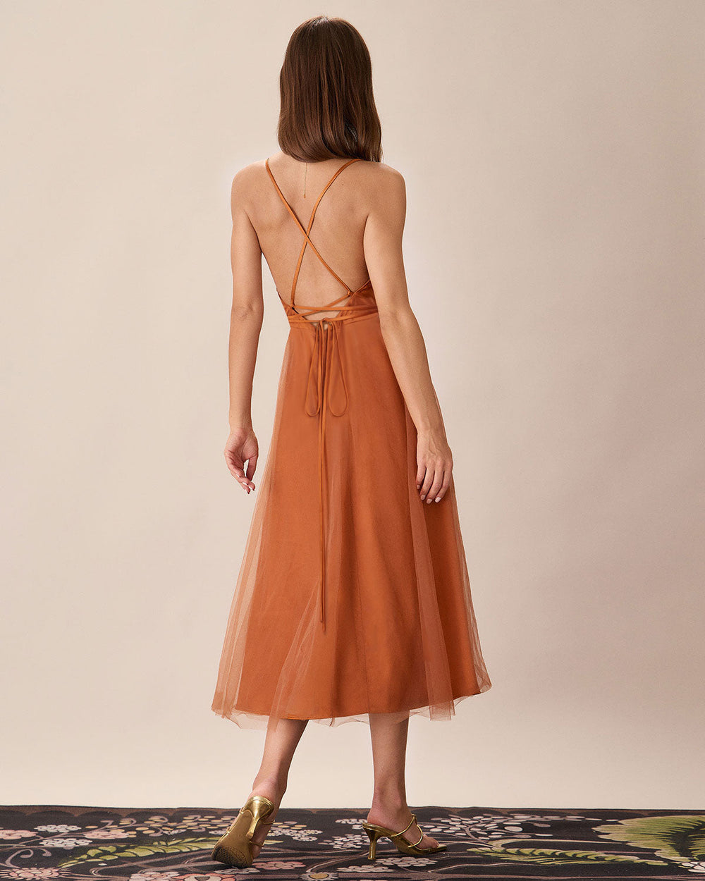 Caramel Mesh Flowy Slip Midi Dress | Rihoas