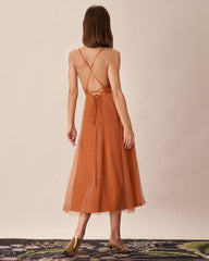 Caramel Mesh Flowy Slip Midi Dress | Rihoas
