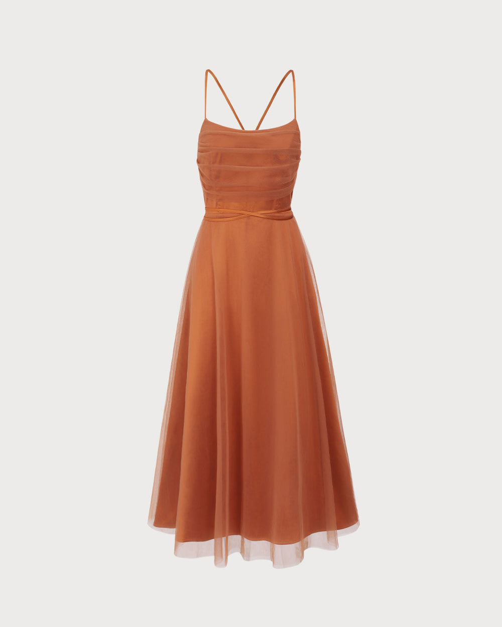 Caramel Mesh Flowy Slip Midi Dress | Rihoas