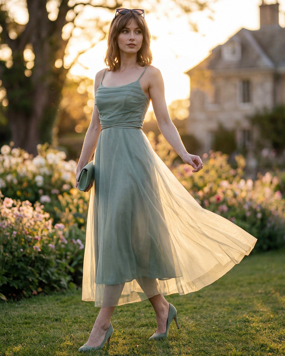 Green Mesh Flowy Slip Midi Dress | Rihoas