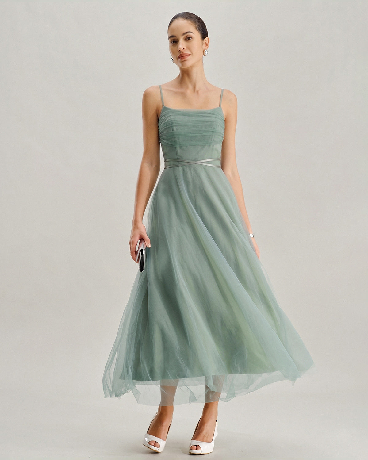 Green Mesh Flowy Slip Midi Dress | Rihoas