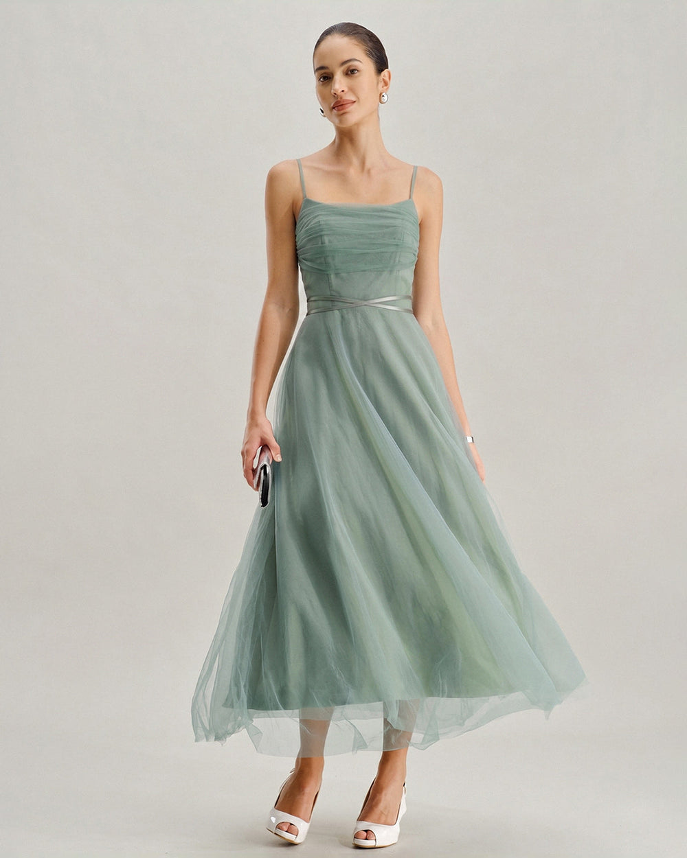 Green Mesh Flowy Slip Midi Dress | Rihoas
