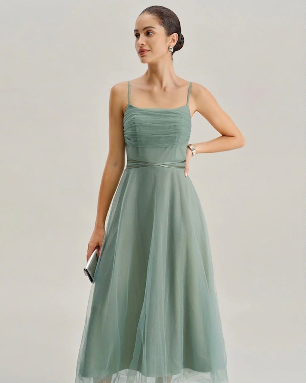 Green Mesh Flowy Slip Midi Dress | Rihoas