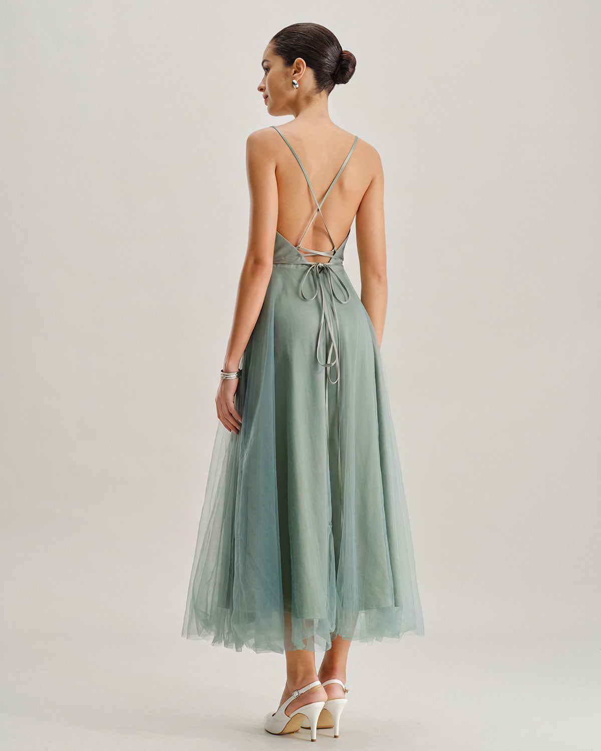 Green Mesh Flowy Slip Midi Dress | Rihoas