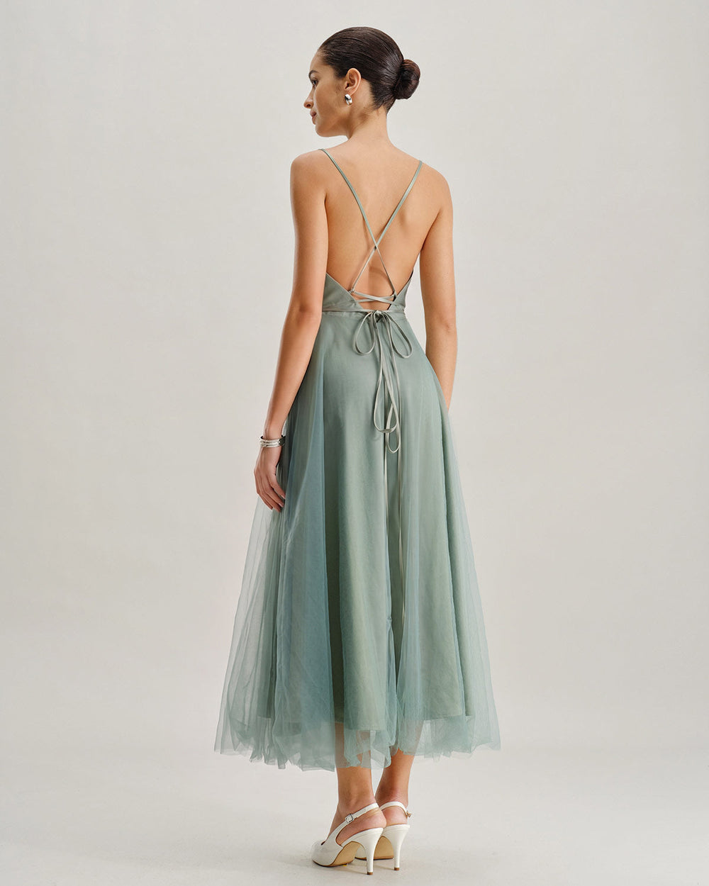 Green Mesh Flowy Slip Midi Dress | Rihoas