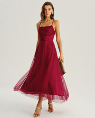 Wine Red Mesh Flowy Slip Midi Dress | Rihoas