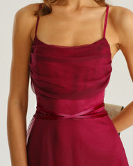 Wine Red Mesh Flowy Slip Midi Dress | Rihoas