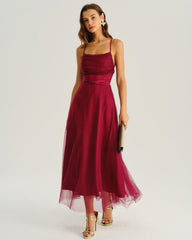 Wine Red Mesh Flowy Slip Midi Dress | Rihoas
