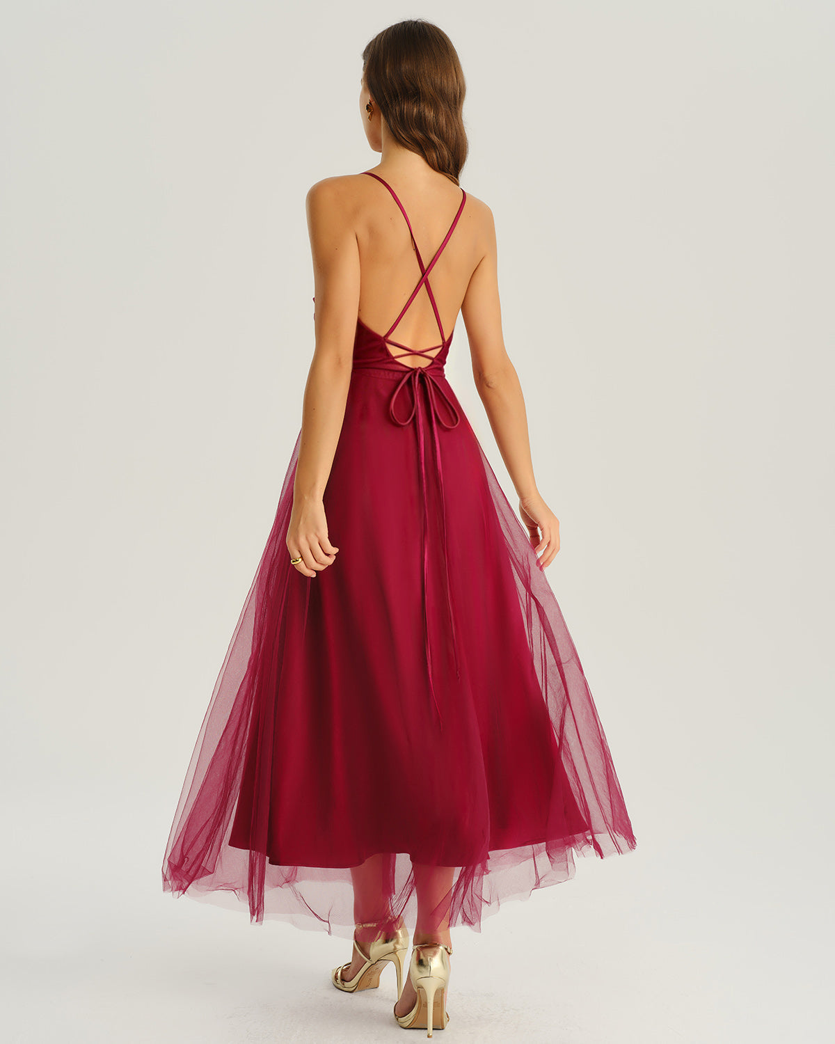 Wine Red Mesh Flowy Slip Midi Dress | Rihoas