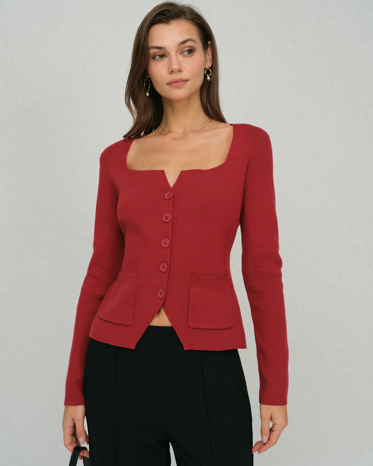Red Single Breasted Square Neck Cardigan | Rihoas