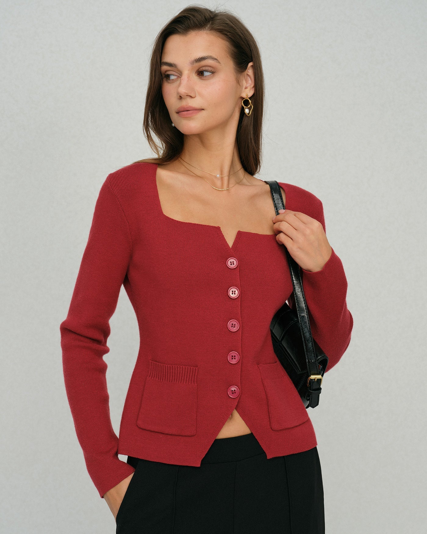 Red Single Breasted Square Neck Cardigan | Rihoas
