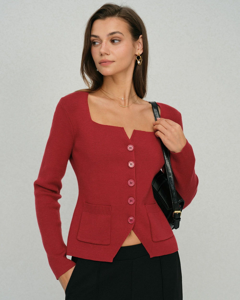 Red Single Breasted Square Neck Cardigan | Rihoas