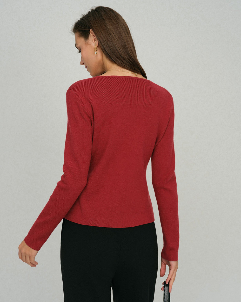 Red Single Breasted Square Neck Cardigan | Rihoas
