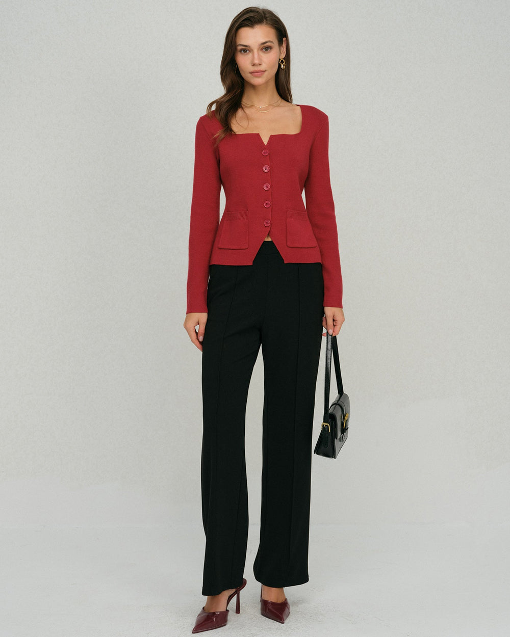Red Single Breasted Square Neck Cardigan | Rihoas