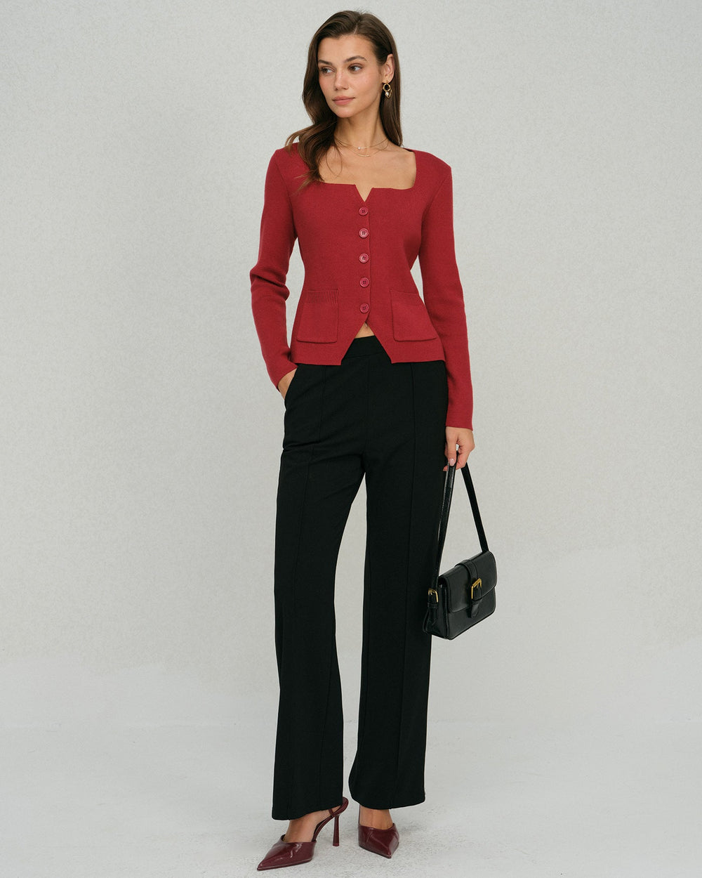 Red Single Breasted Square Neck Cardigan | Rihoas