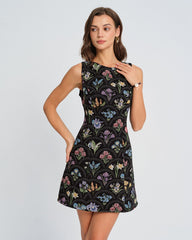 Black Floral Boat Neck Mini Dress | Rihoas