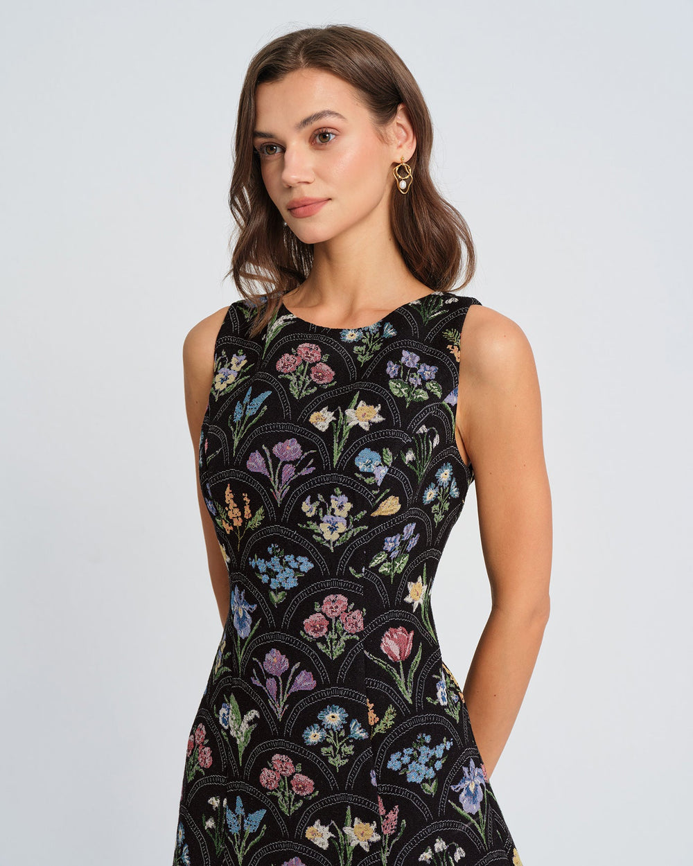 Black Floral Boat Neck Mini Dress | Rihoas